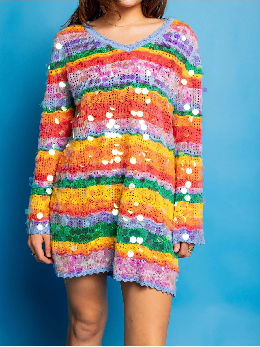 Queen Of Sparkles Rainbow Knit Dress With Pailette Sequins